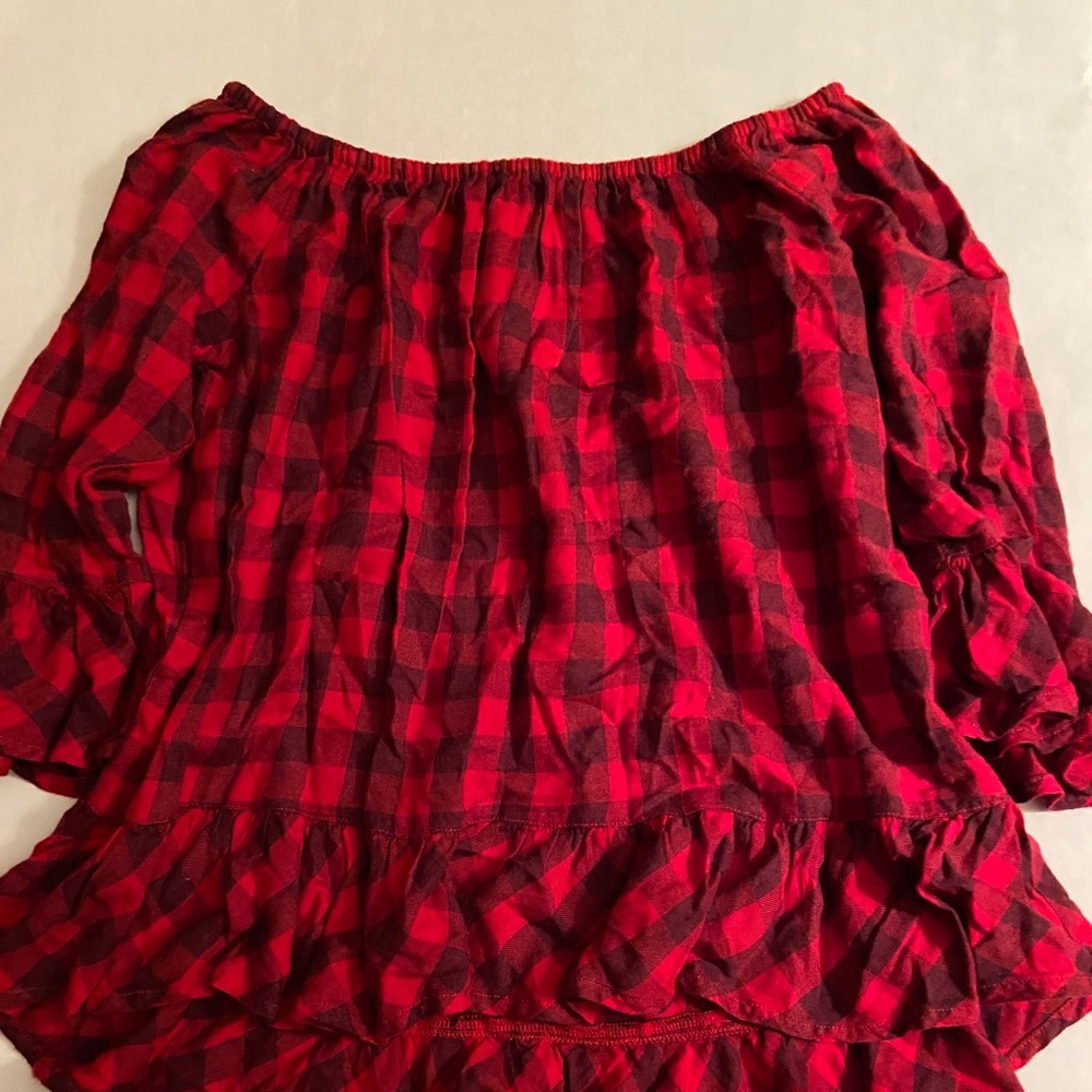 Red checkered off the shoulder long sleeve